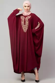 Maroon Matt Nida Neck and Sleeve Embroidery with Cuff free Size  Kaftan