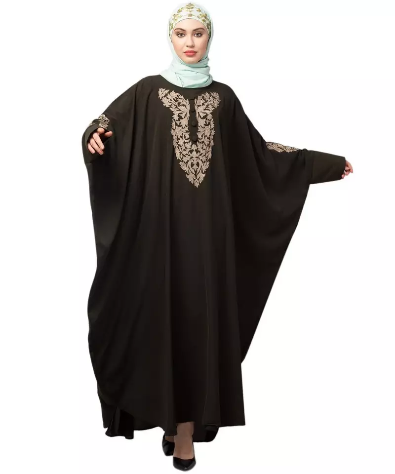 Olive Green Matt Nida Neck and Sleeve Embroidery with Cuff free Size  Kaftan