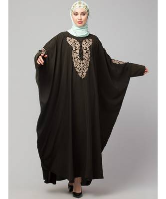 Olive Green Matt Nida Neck and Sleeve Embroidery with Cuff free Size  Kaftan 2