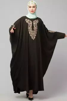 Olive Green Matt Nida Neck and Sleeve Embroidery with Cuff free Size  Kaftan