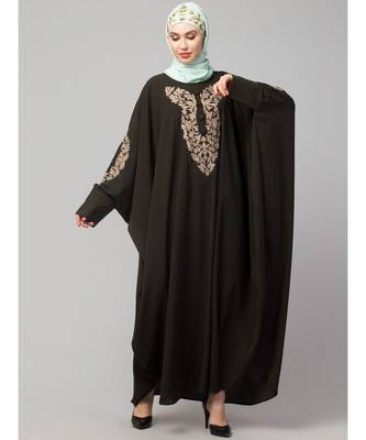 Olive Green Matt Nida Neck and Sleeve Embroidery with Cuff free Size  Kaftan 3