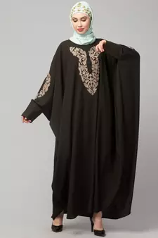 Olive Green Matt Nida Neck and Sleeve Embroidery with Cuff free Size  Kaftan