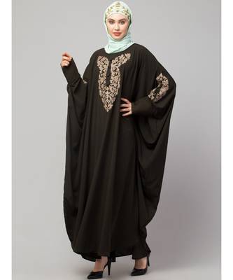 Olive Green Matt Nida Neck and Sleeve Embroidery with Cuff free Size  Kaftan 4