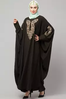 Olive Green Matt Nida Neck and Sleeve Embroidery with Cuff free Size  Kaftan
