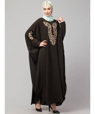 Olive Green Matt Nida Neck and Sleeve Embroidery with Cuff free Size  Kaftan 5
