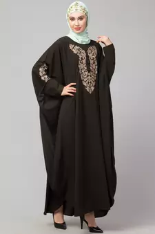 Olive Green Matt Nida Neck and Sleeve Embroidery with Cuff free Size  Kaftan