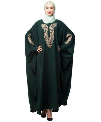 Battle Green Matt Nida Neck and Sleeve Embroidery with Cuff free Size  Kaftan 1