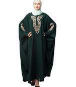 Battle Green Matt Nida Neck and Sleeve Embroidery with Cuff free Size  Kaftan