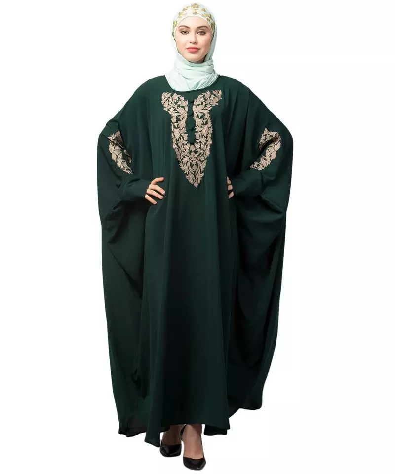Battle Green Matt Nida Neck and Sleeve Embroidery with Cuff free Size  Kaftan