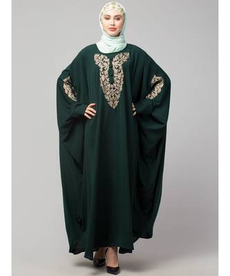 Battle Green Matt Nida Neck and Sleeve Embroidery with Cuff free Size  Kaftan 2