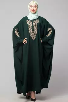 Battle Green Matt Nida Neck and Sleeve Embroidery with Cuff free Size  Kaftan