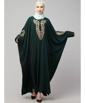 Battle Green Matt Nida Neck and Sleeve Embroidery with Cuff free Size  Kaftan 3