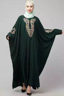 Battle Green Matt Nida Neck and Sleeve Embroidery with Cuff free Size  Kaftan