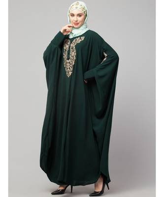 Battle Green Matt Nida Neck and Sleeve Embroidery with Cuff free Size  Kaftan 4