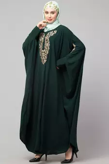Battle Green Matt Nida Neck and Sleeve Embroidery with Cuff free Size  Kaftan