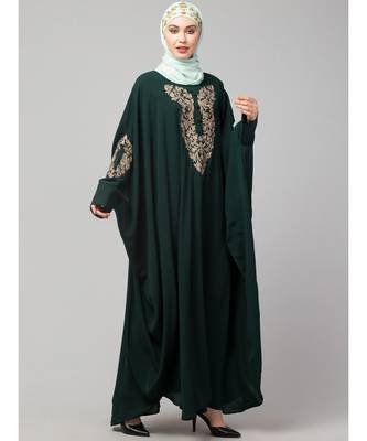 Battle Green Matt Nida Neck and Sleeve Embroidery with Cuff free Size  Kaftan 5