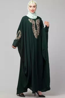 Battle Green Matt Nida Neck and Sleeve Embroidery with Cuff free Size  Kaftan