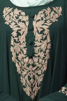 Battle Green Matt Nida Neck and Sleeve Embroidery with Cuff free Size  Kaftan
