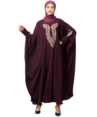 Wine Matt Nida Neck and Sleeve Embroidery with Cuff free Size  Kaftan 1