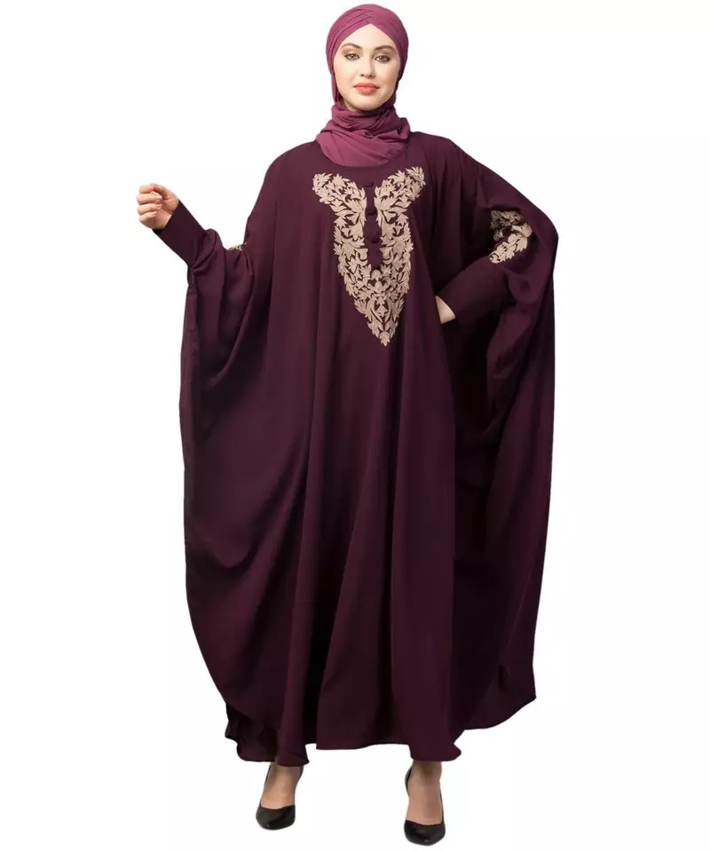 Wine Matt Nida Neck and Sleeve Embroidery with Cuff free Size  Kaftan