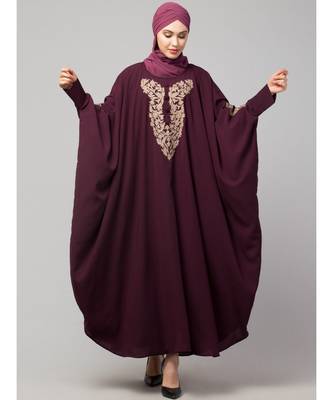 Wine Matt Nida Neck and Sleeve Embroidery with Cuff free Size  Kaftan 2