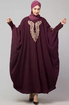 Wine Matt Nida Neck and Sleeve Embroidery with Cuff free Size  Kaftan