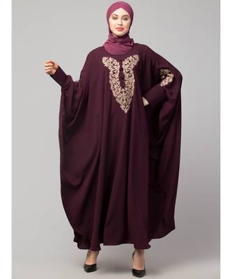Wine Matt Nida Neck and Sleeve Embroidery with Cuff free Size  Kaftan 3