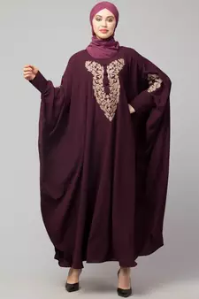 Wine Matt Nida Neck and Sleeve Embroidery with Cuff free Size  Kaftan