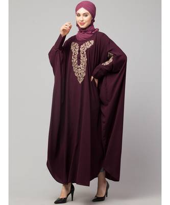 Wine Matt Nida Neck and Sleeve Embroidery with Cuff free Size  Kaftan 4