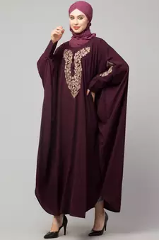 Wine Matt Nida Neck and Sleeve Embroidery with Cuff free Size  Kaftan