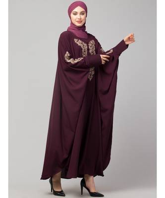 Wine Matt Nida Neck and Sleeve Embroidery with Cuff free Size  Kaftan 5