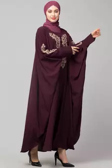 Wine Matt Nida Neck and Sleeve Embroidery with Cuff free Size  Kaftan