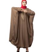 Beige Khaki Matt Nida Neck and Sleeve Embroidery with Cuff free Size  Kaftan