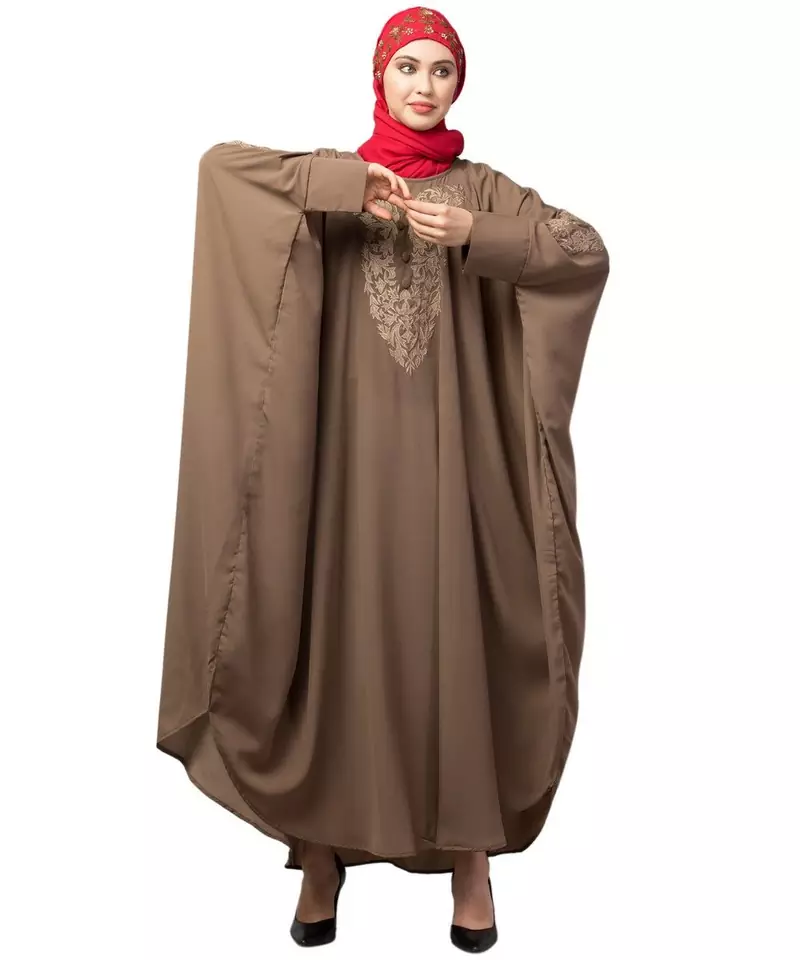 Beige Khaki Matt Nida Neck and Sleeve Embroidery with Cuff free Size  Kaftan