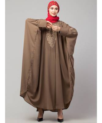 Beige Khaki Matt Nida Neck and Sleeve Embroidery with Cuff free Size  Kaftan 2