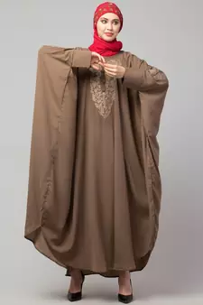 Beige Khaki Matt Nida Neck and Sleeve Embroidery with Cuff free Size  Kaftan