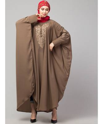 Beige Khaki Matt Nida Neck and Sleeve Embroidery with Cuff free Size  Kaftan 3