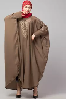 Beige Khaki Matt Nida Neck and Sleeve Embroidery with Cuff free Size  Kaftan