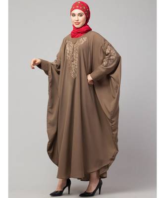 Beige Khaki Matt Nida Neck and Sleeve Embroidery with Cuff free Size  Kaftan 4