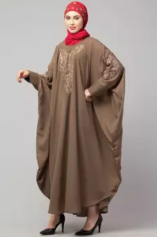 Beige Khaki Matt Nida Neck and Sleeve Embroidery with Cuff free Size  Kaftan