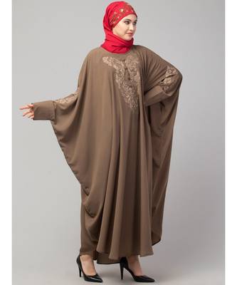 Beige Khaki Matt Nida Neck and Sleeve Embroidery with Cuff free Size  Kaftan 5