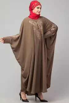 Beige Khaki Matt Nida Neck and Sleeve Embroidery with Cuff free Size  Kaftan