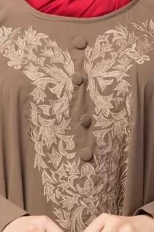 Beige Khaki Matt Nida Neck and Sleeve Embroidery with Cuff free Size  Kaftan