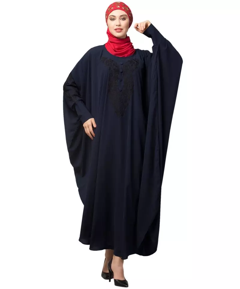 Navy Blue Matt Nida Neck and Sleeve Embroidery with Cuff free Size  Kaftan