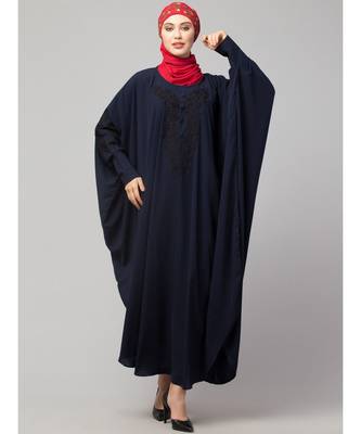 Navy Blue Matt Nida Neck and Sleeve Embroidery with Cuff free Size  Kaftan 2