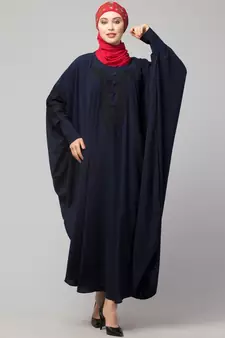 Navy Blue Matt Nida Neck and Sleeve Embroidery with Cuff free Size  Kaftan