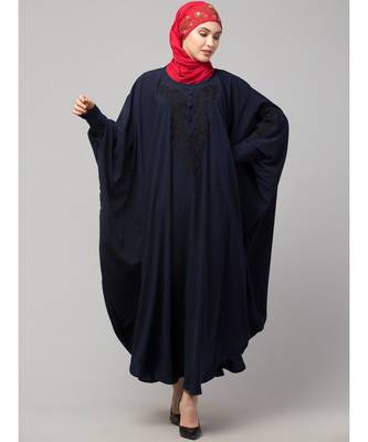 Navy Blue Matt Nida Neck and Sleeve Embroidery with Cuff free Size  Kaftan 3