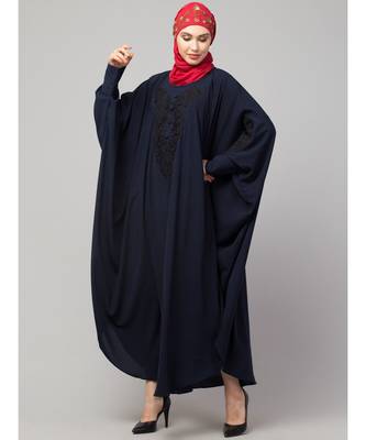 Navy Blue Matt Nida Neck and Sleeve Embroidery with Cuff free Size  Kaftan 4