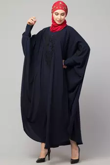 Navy Blue Matt Nida Neck and Sleeve Embroidery with Cuff free Size  Kaftan