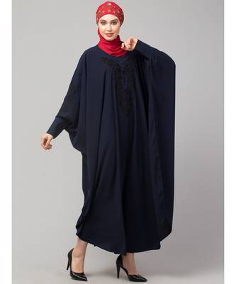 Navy Blue Matt Nida Neck and Sleeve Embroidery with Cuff free Size  Kaftan 5